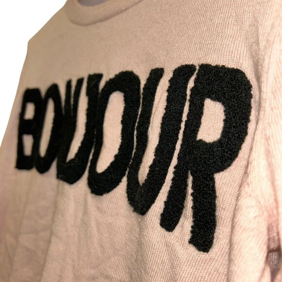 Elle Bonjour pale pink black raised letters graphic sweater S - Picture 3 of 4